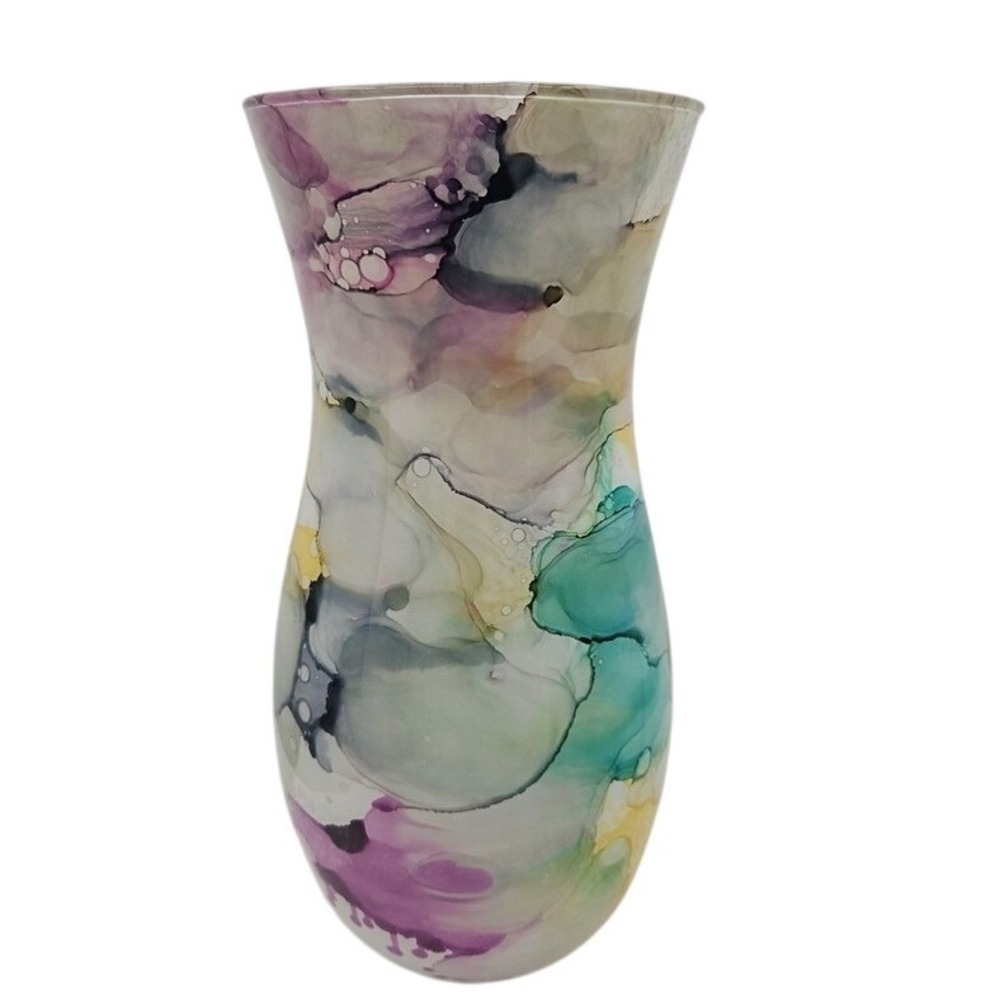 Unique Art Glass Vase‎ Swirls Purple Green Yellow Abstract Design Accent Decor